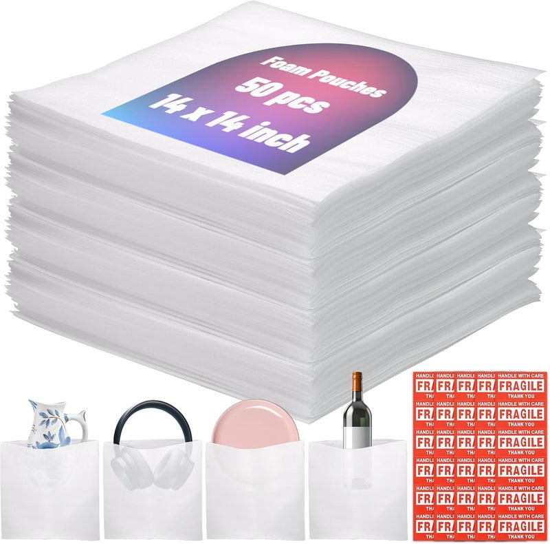 VIOBEPASS 80 Pcs Packing Foam Pouches 14'' x 14'' Cushion Foam Wrap Pouches with Fragile Stickers for Packaging and Protecting Dishes Cup China Glasses, Packing Supplies for Moving, Storage & Shipping - Image 1